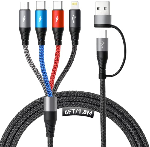 Cable Multiple Cargador con Doble Conector USB-C,4 en 2 Cable Carga Rapida Multiple,[1,8 m]Cargador USB con Doble Conector USB-C+Lightning+Micro para iPhone 17,16,15,14,13,12/Galaxy/Android/tabletas