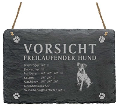 Schild Schiefer Spruch Jack Russel Terrier Vorsicht Freilaufender Hund 22 x 16 cm