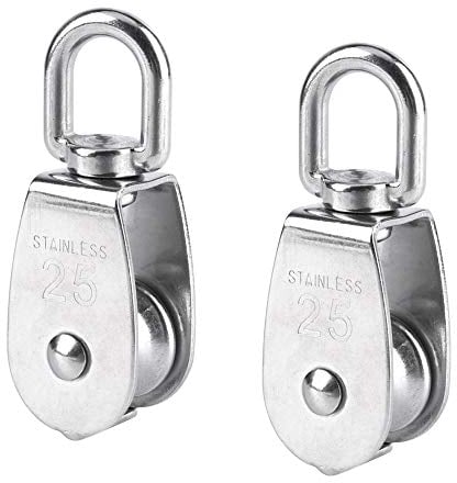 BuxiuGK 2 Piece 25 mm Single Pulley Block Heavy Duty Pulley Roller in 304 Stainless Steel Suitable for Rope or Cord in Indoor and Outdoor Loading 150kg - Silver