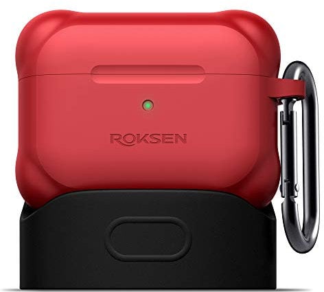 ROKSEN AirPods Pro Case with Base & Carabiner, Silicone Case Cover Shockproof, Compatible with Apple Airpods Pro 2019 (Front LED Visible), Red