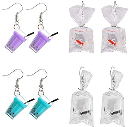 Daimay 4 Paar Einzigartige Bubble Tea Milk Getränk Tropfen Ohrring Niedlichen Goldfisch Wasser Tasche Baumeln Haken Ohrringe Lustige Acryl Anhänger für Mädchen Frauen Einzigartig mit Haken - Stil 2