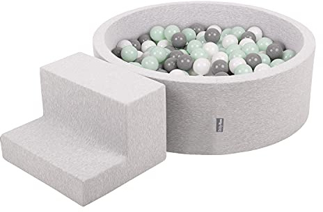 KiddyMoon Spielplatz mit bällebad 90x30cm und stüfchen 200 Bälle 7cm Schaumstoff ballgrube für Baby und Kleinkinder - Hellgrau: Weiß Grau Minze