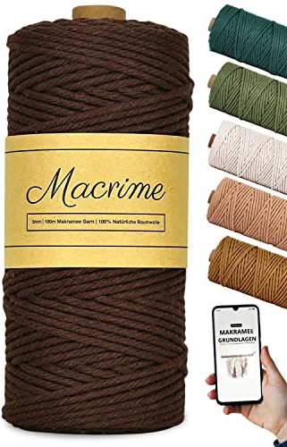 Premium Makramee Garn 3mm x 100m [Braun] + Anleitung/Ebook - 100% natürliche Baumwolle, 4-Fach gezwirntes Baumwollgarn - DIY Baumwollkordel zum Basteln