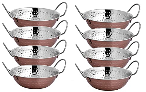 EVOKK Set of 8 Indian Copper Balti Dishes 17cm Traditional Curry Bowls with Handles Handcrafted Copper Pots for Indian Food & Restaurant Serving