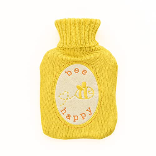 Kaxilu Love Life Hot Water Bottle with Cover - Bee Happy, Yellow, Rectangular, Knitted Cover, Hot Therapy, Medium (27 x 16cm)
