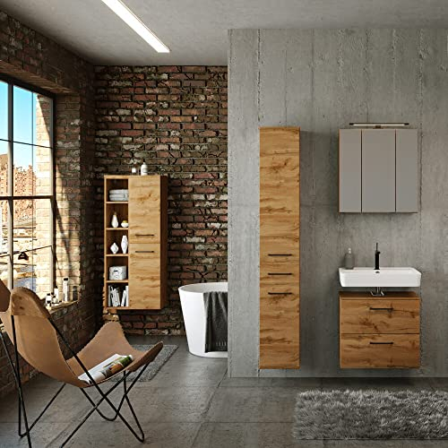 Lomadox Badezimmer Set Industrial Style 60 cm Waschbeckenunterschrank mit Hochschrank in Wotan Eiche Nb. inkl. Spiegelschrank, B/H/T: ca. 205/200/35 cm