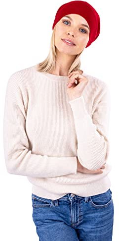 Velanio Cashmere Damen Kaschmir Beanie - Modische Oversized Slouchy Beanie Mütze für Damen aus 100% Kaschmir, cranberry, Large