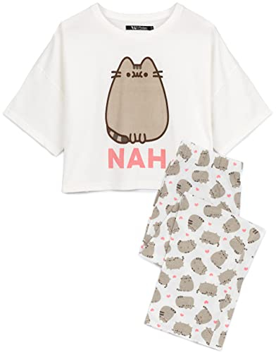 Pusheen Womens Pyjamas | Adults Ladies Cartoon Cat Nah White T-Shirt With Long Bottoms Pjs | Animal Anime Merchandise - Medium