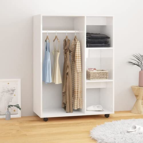 Tidyard Kleiderschrank mit Rollen Kleiderständer Schrank Kleiderstange Garderobenschrank Regal Offen Holzwerkstoff Hochglanz-Weiß 80x40x110 cm