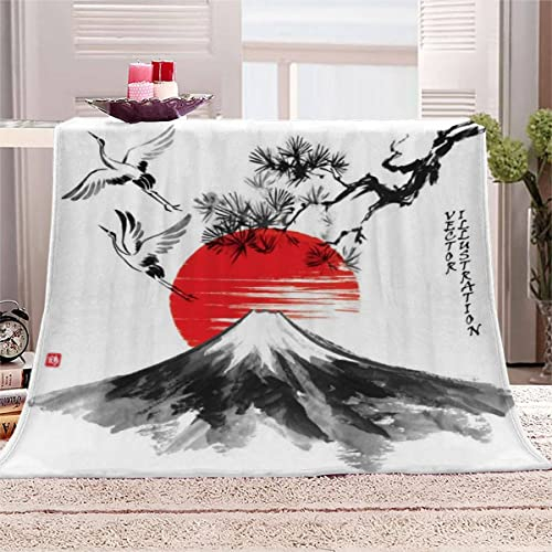 Japanischer Stil Kuscheldecke 180x220 cm Flanelldecke Japanischer Kranich Tuschemalerei flauschig Warme Microfaser Blanket Groß Tagesdecke Decke für Sofa und Bett Hochwertige Decke Sommer