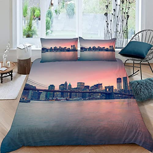 Brooklyn-Brücke Bettwäsche 135×200 Weiche Mikrofaser 3d Druck Städtische Landschaft Bettbezug mit Reißverschluss Für Kinder Zimmer Dekor Winter Herbst 3 Teilig Bettwäsche Set mit 2 Kissenbezüge 80×80