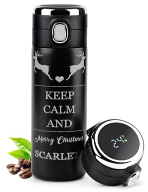 Maverton Personalised Thermal Flask for Woman, 400 ml, Keep Calm | Temperature Display, Christmas Design, Coffee Mug for man, Travel Accessory for Child, Engraved Mug for Tea Lover