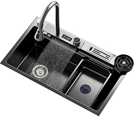 CHEMYO Fregadero de Cocina Lluvia Digital Cascada Fregadero Grifo extraíble con Soporte para Cuchillos Lavadora de Tazas Escurridor de Control de Mesa