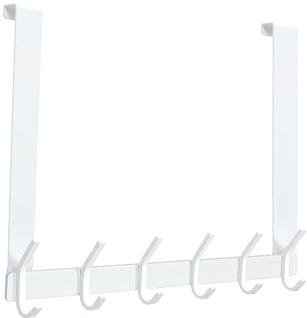 MEIJO Türgarderobe zum Einhängen Edelstahl, Türgarderobe Ohne Bohren Kleiderhaken Tür für Deutsche Türen Türhakenleiste Edelstahl mit 6 Haken für Küche, Badezimmer (Weiß, Dicke 4,5 cm)