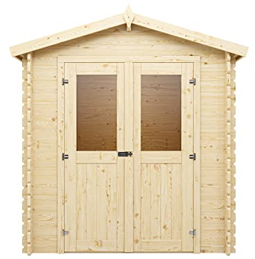 Woodtex Holz Gerätehaus Mini 2 C | Gartenhaus | Wandstärke 28 mm | Blockbohlenbauweise | Naturbelassen | Satteldach | BxTxH: 198 x 198 x 214,5 cm | Inkl. Doppelflügeltür mit Echtglas | Ohne Fußboden