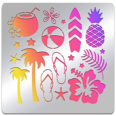 BENECREAT Hawaii Thema Edelstahl Schablonenvorlage, Sommer-Kokosnuss-Wasserball-Metall-Journal-Schablonen-Vorlagen Für Holzbefeuerte Brandmalerei, Zeichnen Und Gravieren, 15.6x15.6 cm