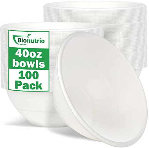 Bionutrio 40oz Large Paper Bowls Disposable, 100 Pack Heavy Duty, Compostable White Sugarcane Bowls For Cereal, Salads, Hot & Cold Food