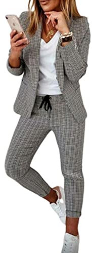 MAFLEN Blazer Deux Pièces a Carreaux pour Femmes a Manches Longues et Taille Élastique Cordon de Serrage Pantalon Décontracté Élégant Costume Formel B,L