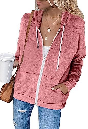 Jhsnjnr Women's Casual Light Hooded Jacket Fashion Solid Long Sleeve Tops Zip Up Sweatshirt Hoodies Pink