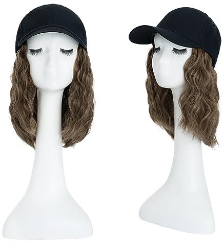 TESS Extensions mit Baseball Cap 20 cm, Walnussbraun mit weißblonden Highlights Cap mit Haaren Damen Kurz Gewellt, Verstellbar, Mottoparty, Karneval Hat Perücken für Frauen Mütze mit Haaren