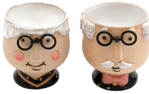 Novelty Set of 2 Grandma & Grandpa Face Ceramic Pottery Breakfast Boiled Egg Cups