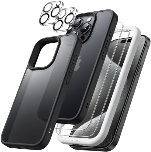 JETech 5 in 1 Matte Case for iPhone 15 Pro Max 6.7-Inch with 2-Pack Each Tempered Glass Screen Protector and Camera Lens Protector, Translucent Back Shockproof Phone Cover (Black)