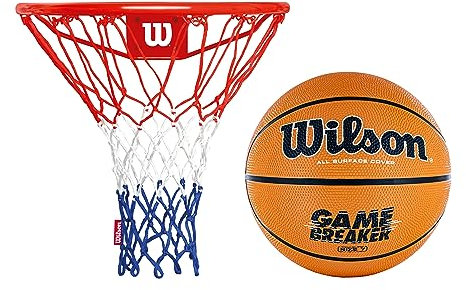 Wilson NBA Basketballkorb - Basketballkorb Outdoor Wandmontage mit pulverbeschichtetem Basketballring (Ø 45cm), Netz in den Offiziellen NBA Farben inkl. Wilson Gamebreaker Gr. 7…
