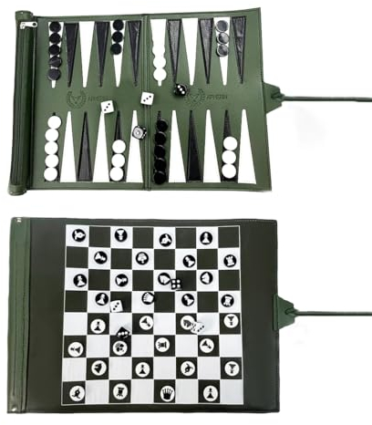Apherin Enroulable Backgammon de Voyage, d'échecs et de Dames 3 en 1 – Design Double Face pour échecs(Vert), APH-01