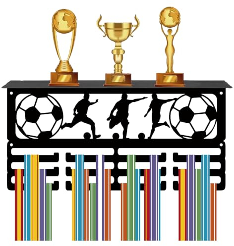 CREATCABIN Fußball-Medaillen-Aufhänger,Trophäenregal Mit 24 Haken,Metall-Medaillen-Trophäen-Präsentationsständer,Rahmen,Medaillenband-Ausstellungsaufhänger Für Laufauszeichnungen,40x20cm Schwarz