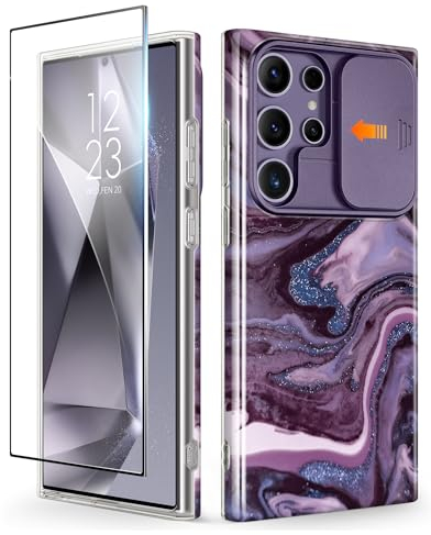 GVIEWIN Compatible with Samsung S24 Ultra Case Galaxy with Slide Camera Cover+Screen Protector, [10FT Drop Shockproof] Marble Anti-Scratch Shockproof Protective Case 5G 6.8 2024,Quicksand/Purple