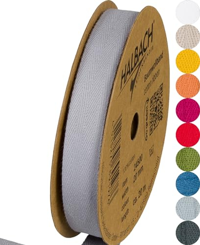 Halbach Seidenbänder Baumwollband | 20mm x 20m | Webband 100% Baumwolle | Bänder zum Basteln als Meterware | Stoffband für Dekorationen, DIY Handwerk, Schrägband Näharbeiten, Farbe: grau