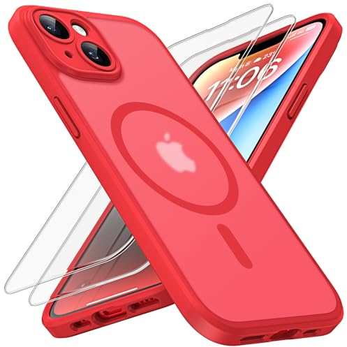 TOCOL für iPhone 14 Hülle für Magsafe, Vollständiger Kameraschutz Stoßfest Kratzfest Transluzente Rückseite Magnetisch Handyhülle für iPhone 14 Case, Rot