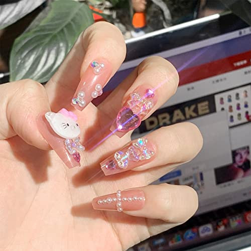 JUSTOTRY 24 Pcs Pink French Press on Nails Long with Animal Designs,Cute False Nails Coffin,3D Stick on Nails for Women and Teens,Glossy Ballarina Fake Nail for Nail Art