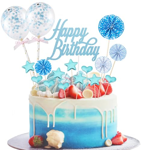 17 Stück Tortendeko Geburstagstorte, Happy Birthday Kuchendeko, tortendeko Blau, Glitter Cake Topper Happy Birthday, Cupcake Topper mit Sternen Liebe Konfetti-Luftballons und Papierfächer