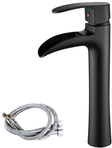 Ankoory Waterfall Bathroom Basin Mixer Tap, Tall Bathroom Sink Taps for Counter Top Basin, Monobloc Washroom Sink Faucet, Retro High Rise Basin Mixer with Flexible Tails, Solid Brass (Matte Black)