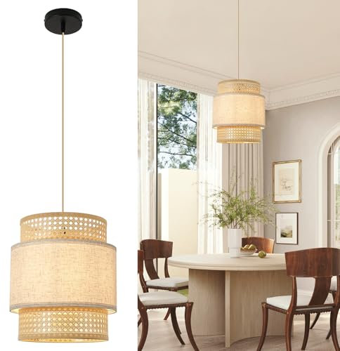 FORCOSO Deckenlampe Wohnzimmer Hängelampe Rattan Lampe Boho Ø29cm Vintage Lampenschirm für Schlafzimmer als Deckenlampe Wohnzimmer oder Ceiling Light über Esstisch - Braun/Weiß