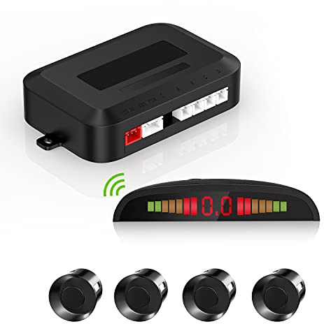 EKYLIN Cordless Parking Sensor, Reverse Sensor System with 4 Car Backup Sensors, LED Distance Display with Sound Warning + 4 Black Parking Sensors for Cars, Vans, RVs, and Trailers
