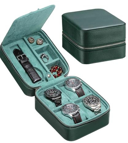 SYENS Reiseetui für 5 Uhren, Aufbewahrungs-Organizer mit Fach für Uhrenarmband/Schmuck/Werkzeuge, Tragebox für Uhren aus genarbtem Echtleder mit Reißverschluss (Grün)