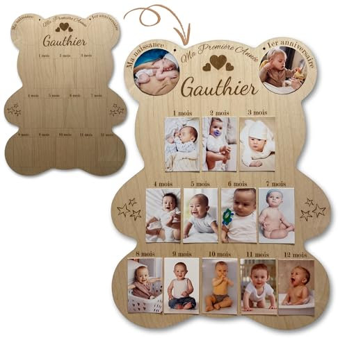 Cadre Photos Pêle-Mêle Ours en Bois Personnalisé - Souvenirs de la Première Année de Bébé – idée cadeau de naissance ou baptême personnalisé – décoration chambre enfant, bébé, salon, salle à manger