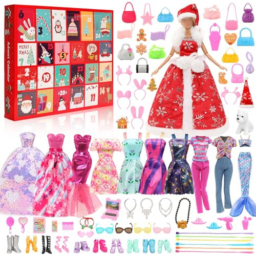 Puppenkleidung Adventskalender, 59 Moden Puppen Kleidungsstücke und Zubehör Accessoires wie Badeanzug, Kleid, Hut oder Kätzchen als Festliche Überraschungszubehör Urlaub Geschenke für Kinder