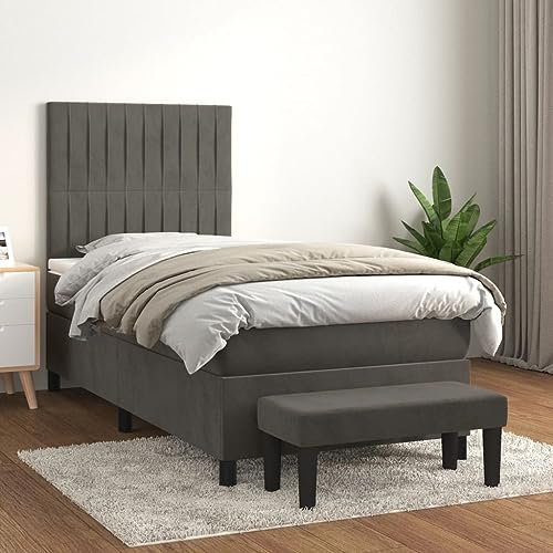 OHOOWOO Boxspringbett mit Matratze Dunkelgrau 90x200 cm Samt,Luxuriöses Boxspringbett mit Samtbezug und höhenverstellbarem Kopfteil für erholsamen Schlaf