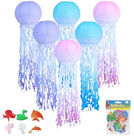 6 Stück Quallen Papierlaternen, Deko Quallen Laterne, Quallen Laternen, Quallen Papierlaternen für Kindergeburtstag, Hängedekoration Papier Lampions, Ideal für Partys, Warteschlangen, Dekorationen