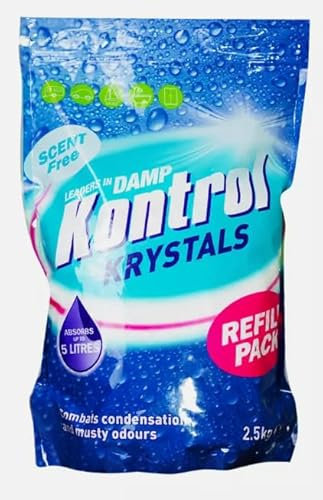 Kontrol Refill Moisture Trap Damp Mould Absorber Crystals 2.5kg, 1kg, 0.5kg - Hygroscopic Calcium Chloride for Condensation, Mildew, and Odor Removal (2.5 Kg)