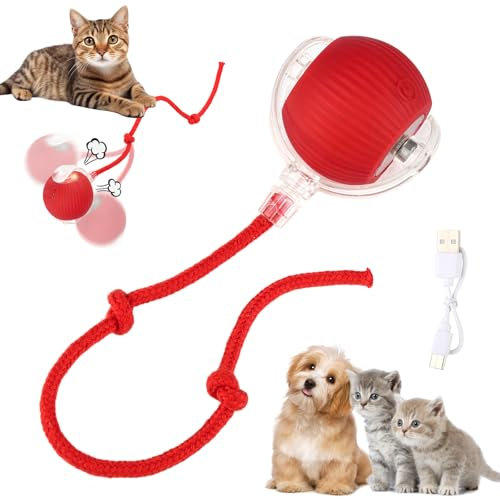 jwogngls Interaktives Katzenspielzeug, Interaktiver Spielball für Katzen USB Aufladbar, Katzenball Elektrisch mit Schwanz, 360° Automatisch Katzenspielzeug Ball für Katzen (Rot)