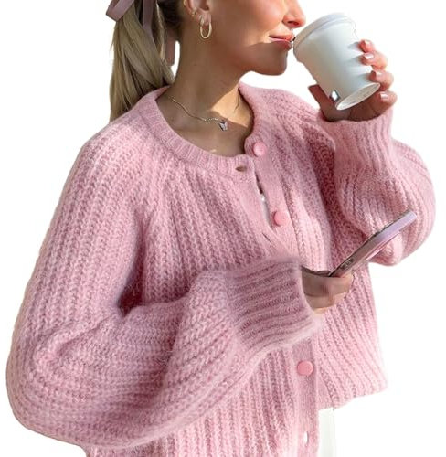 Wyeysyt Cardigan da donna maglione con bottoni a maniche lunghe grosso morbido maglione lavorato a maglia autunno aperto davanti sciolto cardigan cappotto casual, Rosa, XS