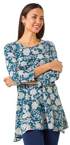 Roman Originals Floral Print Hanky Hem Stretch Top for Women UK - Ladies Everyday Holiday Spring Summer Round Neckline Comfy Soft Evening Vacation Work Party - Turquoise - Size 10
