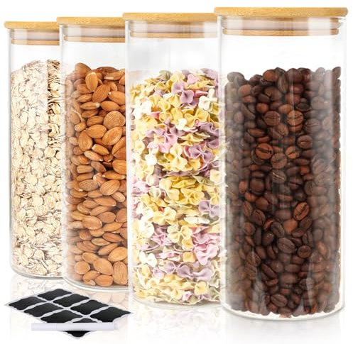 FoiiLiio Bocaux en Verre de 1000 ml Lot de 4 Bocal en Verre avec Couvercle en Bambou Bocaux Rangement Cuisine en Verre, Pot en Verre, Bocal en Verre Hermétique pour Pâtes, Céréales, Haricots