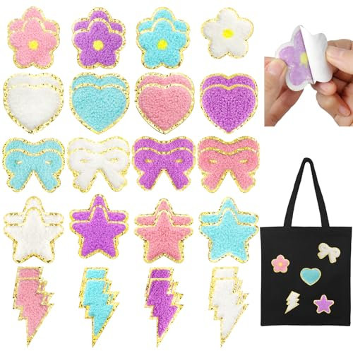 Maxqzin 40 Pcs Patches for Backpacks,Patches for Hats Cute Self Adhesive Chenille Iron on Patches for Girls for Clothing Fabric Jackets Jeans Repair Decorations(4 Colors+5 Styles)