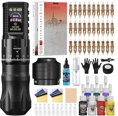 HAWINK Wireless Tattoo Maschine Set mit 1800mAh Akku Normal/Stippling-Modus 7 einstellbare Striche 30PCS Cartridges Nadeln 7 Tattoo Inks for Anfänger und Künstler HW-TK1003EU-1