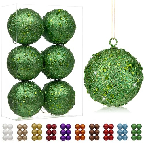 6er-Set 8cm Dekorative Weihnachtsbaumkugeln, Weihnachtskugel-Ornament mit Holografischem Glitzer Christbaumschmuck zarten Dekorationen für Weihnachtsbaum, Weihnachtshochzeitsfeier, Grün